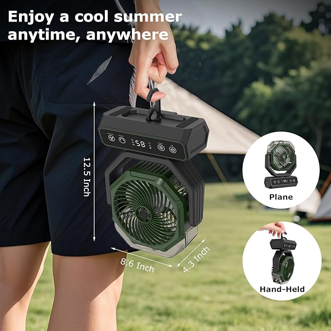 V JULES.V Portable Fan for Bedroom,40000mAh Rechargeable Desk Fan with Smart APP Remote Control,Misting Fan with RGB Lights,Timer,5 Speed Camping Fan for Travel,Tents,Beach,Office,Outdoor-Army Green