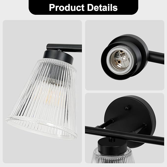OCIOC Black Bathroom Vanity Lights, 3-Light Modern Bathroom Light Fixtures with Striped Glass Shade, Bathroom Wall Lamp over Mirror, for Living Room, Bedroom, Hallway,Cabinet Porch