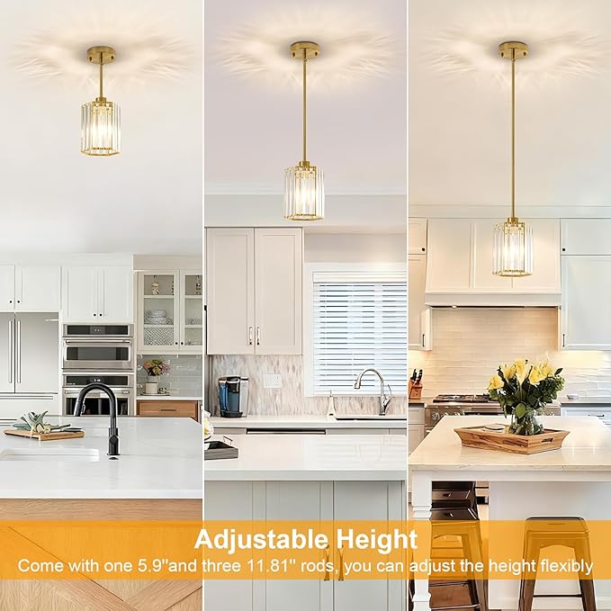 2 Pack Crystal Pendant Lights, Brushed Gold Kitchen Hanging Pendant Light Fixtures, Modern Hexagonal Crystal Pendant Lighting for Kitchen Island, Dining Room, Hallway, Foyer Entryways