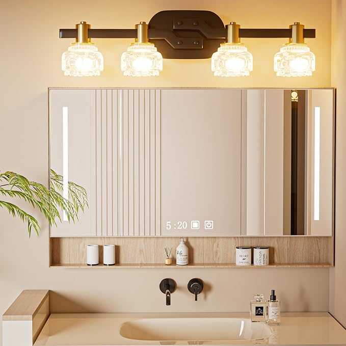 Lightdot 4-Light Bathroom Vanity Light, 23.6" Modern Bathroom Light Fixtures with Clear Crystal Waterproof Shades, Rust-Proof Horizontal Gold and Black Vanity Lights Over Mirror for Cabinet Hallway