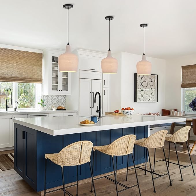Large Hammered Glass Rattan Pendant Light Boho 1 Light Single Dome Pendant Lighting Fixtures for Kitchen Island Dining Room Hallway, Dia 9 Inch, UL Listed
