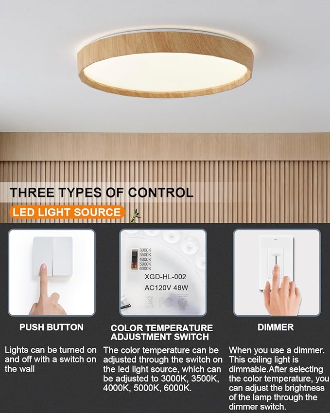 ANYLOVE 19 inch LED Flush Mount Ceiling Light Fixture,3000K 4000K 5000K Adjustable Ceiling Lights, Farmhouse Oak Wood Grain Ceiling Light for Bedroom Hallway Bathroom Kitchen