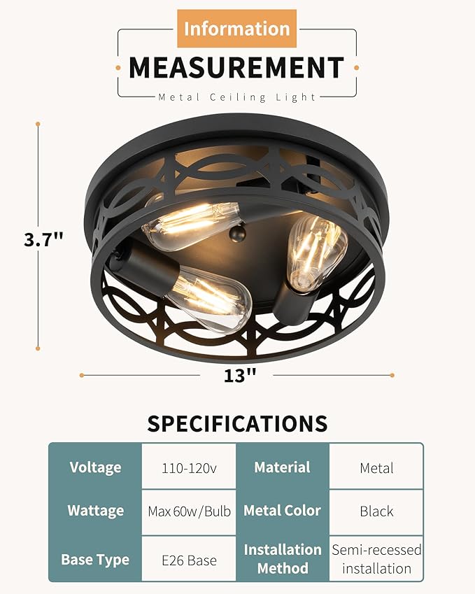 Black Flush Mount Ceiling Light Fixtures,3-Light Modern Hallway Light Fixtures, 13 inch Light Fixture Ceiling Mount for Kitchen, Farmhouse,Bedroom 2 Pack