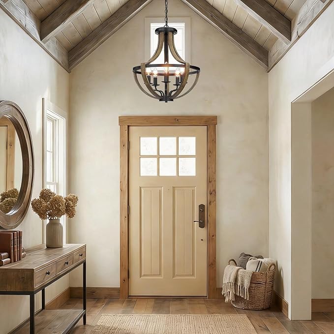 17.7" Modern Farmhouse Geometric Chandelier Light Fixture, 5-Light Adjustable Height Rustic Hanging Pendant Lighting for Dining Room Foyer Kitchen Island, ‎Retro Wood Texture and Black Finish