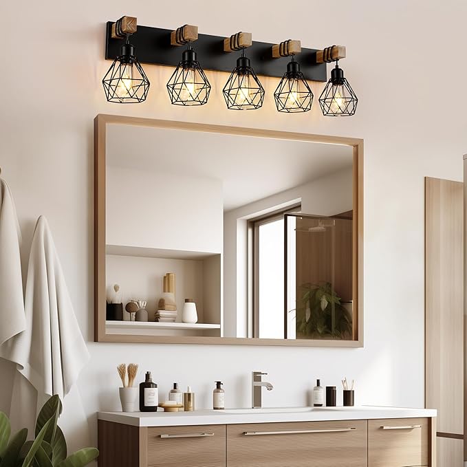 Farmhouse Vanity Light for Bathroom, 5-Light Wood Bathroom Vanity Light Fixtures Over Mirror, Rustic Sconces Wall Lighting with Metal Lampshade for Living Room, Bedroom, Hallway