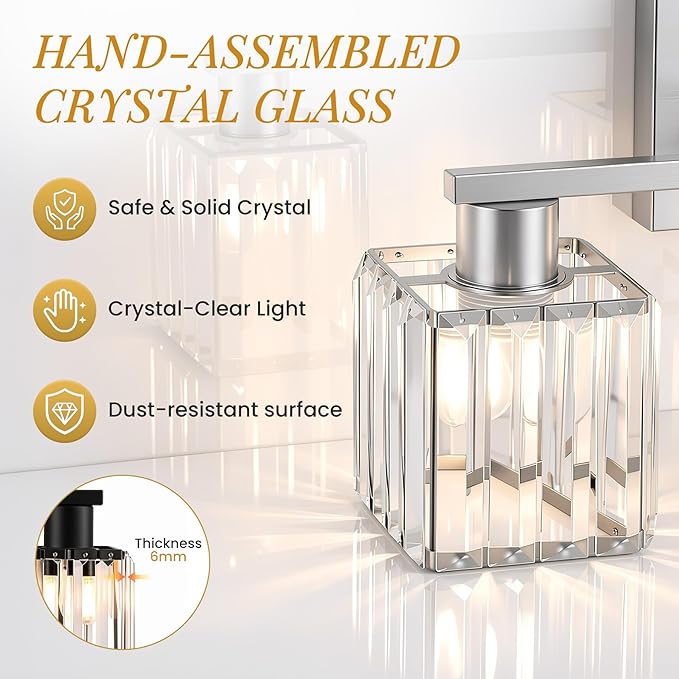 Crystal Bathroom Light Fixtures, 4-Light Brushed Nickel, Vanity Lights for Bathroom Over Mirror, Modern Bath Wall Sconce for Mirror Bedroom Living Room