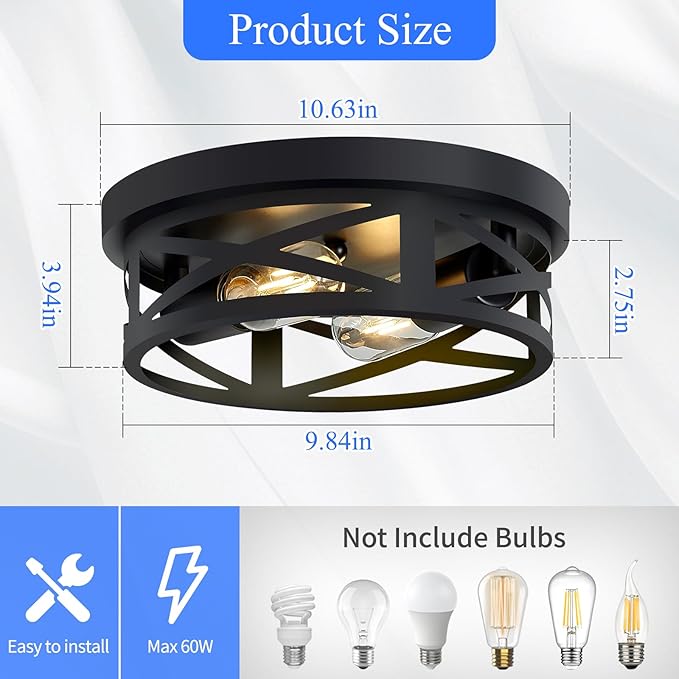 Flush Mount Ceiling Light Fixture,Black 2-Light Hallway Light Fixtures Ceiling,Light Fixtures Ceiling Mount for Farmhouse,Kitchen,Hall,Bedroom,Bathroom (2 Pack)