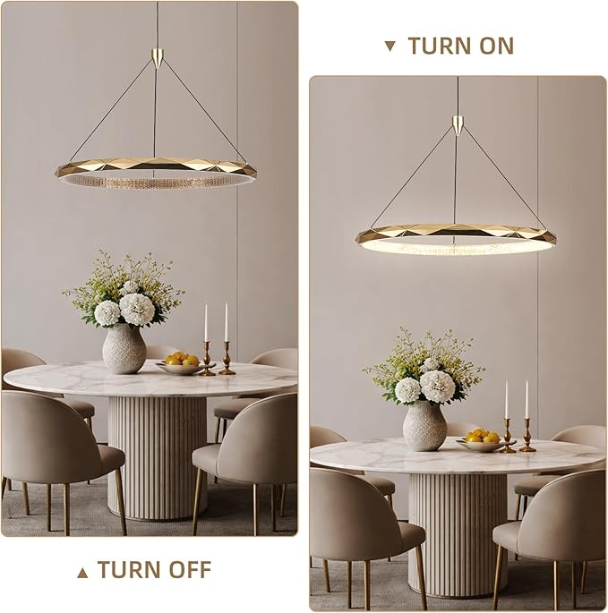 HEYAN Modern Gold Ring Chandelier, 24-Inch Faceted Geometric LED Pendant Light, Dimmable 3-Color Changeable Island Lighting, 36W Luxury Acrylic Crystal-Effect Ceiling Fixture for Dining Room & Kitchen
