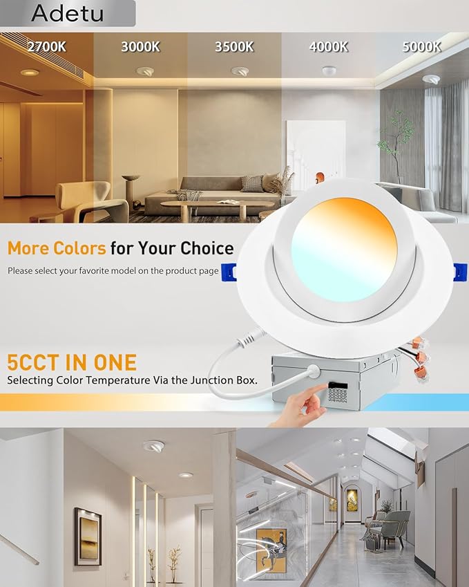 Adetu 6 Inch 5CCT Gimbal Led Recessed Lighting, 360°+90° Adjustable Directional Recessed Lighting 6 inch, 2700K-5000K Dimmable Retrofit Eyeball Can Recessed Lights with Jbox, ET (White, SMD, 6 Pack)
