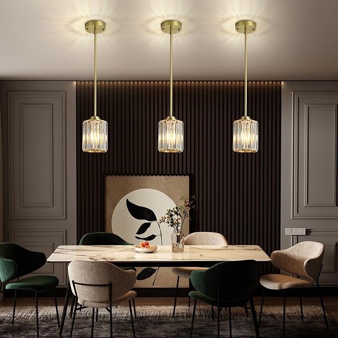 3 Pack Crystal Pendant Lights Kitchen Island, Adjustable Hight Modern Gold Mini Chandelier, Ceiling Hanging Light Fixtures, Lamparas Colgantes for Kitchen Hallway Dining Room Bedroom