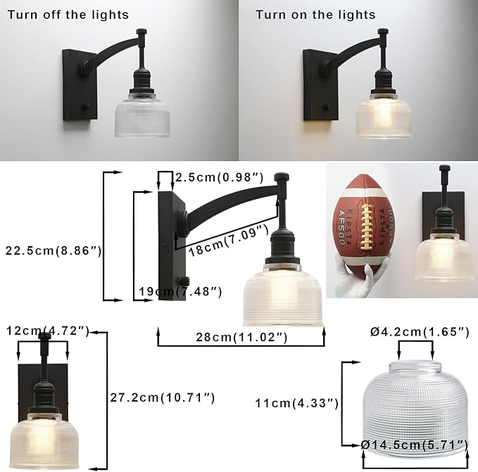 Yosoan Vintage Indoor Wall Sconce with On Off Switch, 1-Light Hardwired Vanity Industrial Boho Retro Modern Wall Mounted Bowl Texture Striped Glass Shade for Living Room Bedroom Bedroom(Black)