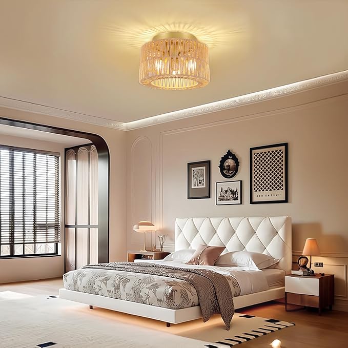 Boho 3-Light Farmhouse Rattan Ceiling Light, Gold Flush Mount with Hand-Woven Shade, Modern Chandelier for Living, Bedroom, Entryway, Kitchen Isalnd