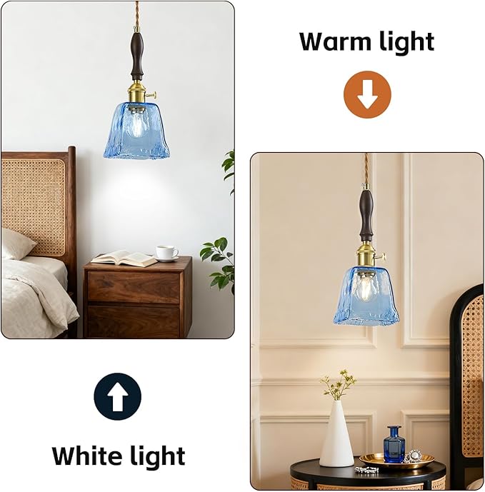 Blue Glass Vintage Pendant Light Height Adjustable Handmade Glass Pendant Lights Kitchen Island Gold Hanging Light Fixture with Wood Handle for Bedroom Dining Room Hotel (3 Pack)