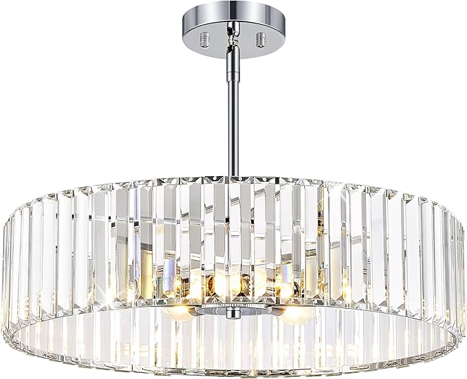Chrome Crystal Ceiling Light Fixture, Modern Semi Flush Chandelier, Round Hanging Lighting Chandeliers for Dining Room, Kitchen, Bedroom, 6-Light, 19.68 Inch