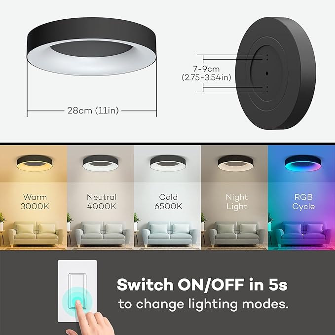 Annaror RGB Led Flush Mount Ceiling Light with Remote Control, 11 Inch 24W Black Ceiling Light Fixture, 3000K-6500K Light Color Changeable, Modern Ceiling Lights for Bedroom Kids Room