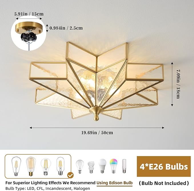 Star Brass Glass Ceiling Light - 19.5 In Gold Hammered Large Flush Mount Fixture - Art Deco Mid Century Vintage Modern Moravian Lighting Lights for Bedroom Dining Entryway Foyer Living Room