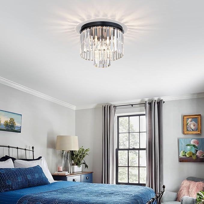 Crystal Ceiling Light, 3-Light Modern Flush Mount Ceiling Light Fixture for Living Room, Dinning Room, Hallway, D12xH13inch, Black Finish Frame & K9 Crystal