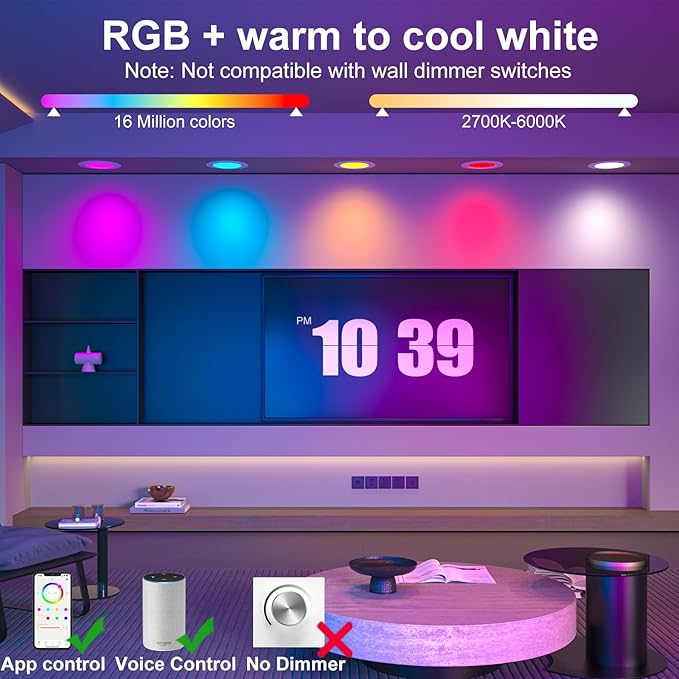 Black 5/6inch Color Changing LED Can Lights,12Pack Retrofit LED Recessed Lighting,13W 1050LM Smart Recessed can Light,Compatible with Alexa,Bluetooth APP Control,for Bedroom Kitchen Livingroom