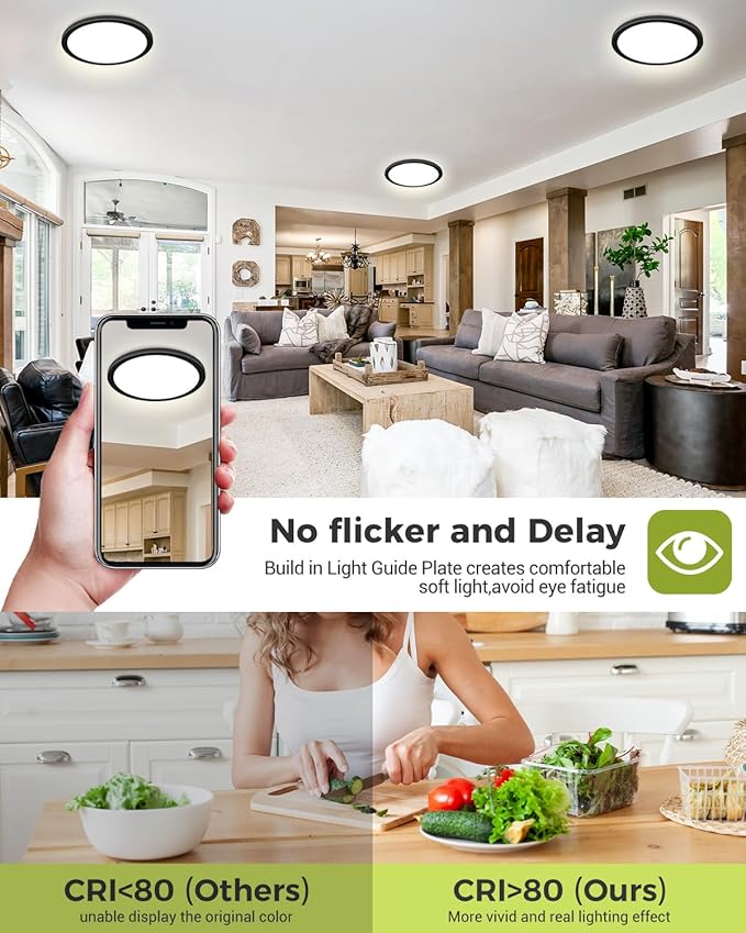 2PACK LED Flush Mount Ceiling Light Fixture Black, 9Inch 24Watt, 3000k/4500k/6000K Ceiling Light, Ultra Slim Flush Mount LED Ceiling Lamp for Bedroom, Living Room, Kitchen, Hallway