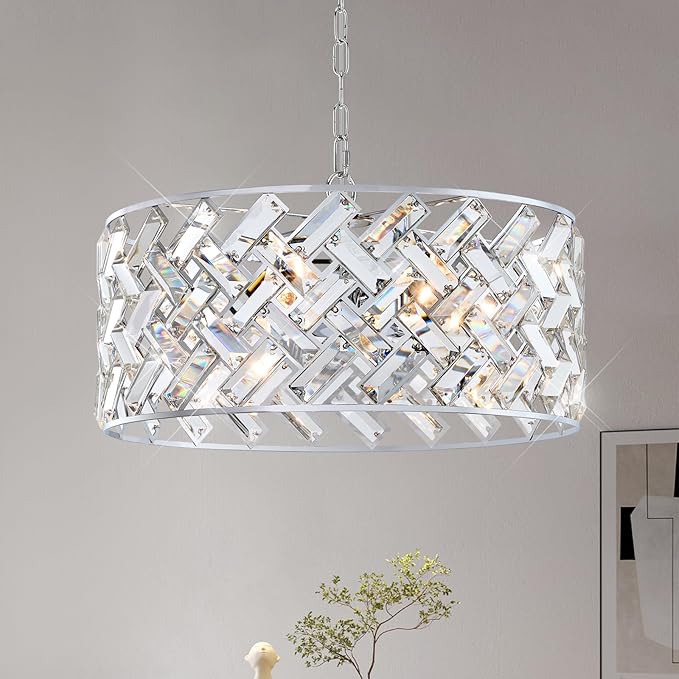 Chrome Crystal Chandelier, 18" Modern Drum Ceiling Light Fixture, 6-Light Semi Flush Mount Pendant with K9 Crystals, Round Hanging Lighting for Dining Room, Living Room, Bedroom, Kitchen, Hallway