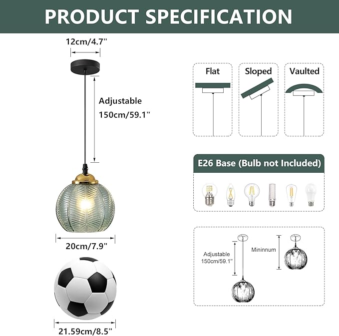 KCO Lighting Single Green Glass Pendant Light Large Globe Pendant Lighting Nordic Ribbed Ceiling Hanging Chandelier Light Vintage Dining Room Kitchen Island Light Fixture