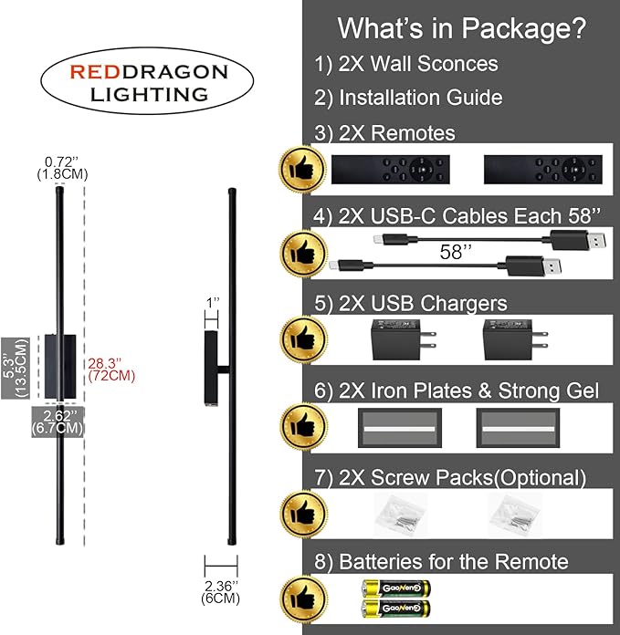Easy Install Peel and Stick on Battery Operated Wall Sconces Set of 2 Rechargeable, Magnetic Linear Wall Sconce Wireless Long Picture Vanity Wall Light for Living Room Bedroom (2 Pack, 28.3'', Black)