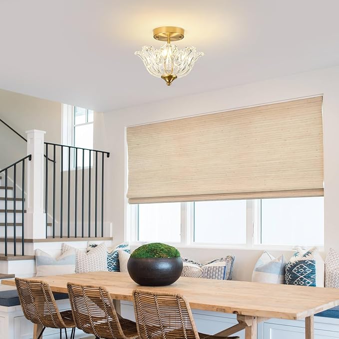 Semi Flush Mount Ceiling Light, Gold Vintage Light fixtures with Floral Clear Glass Shade, Modern Close-to-Ceiling Lighting for Bedroom Kitchen Living Room Hallway