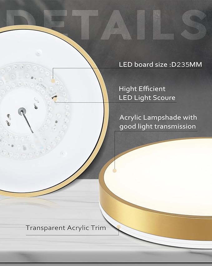 Ken & Ricky Flush Mount Ceiling Light, Dimmable Led Close to Ceiling Light Fixtures for Kitchen Bathroom Bedroom Hallway 5cct (Brushed Gold, 16 Inch)