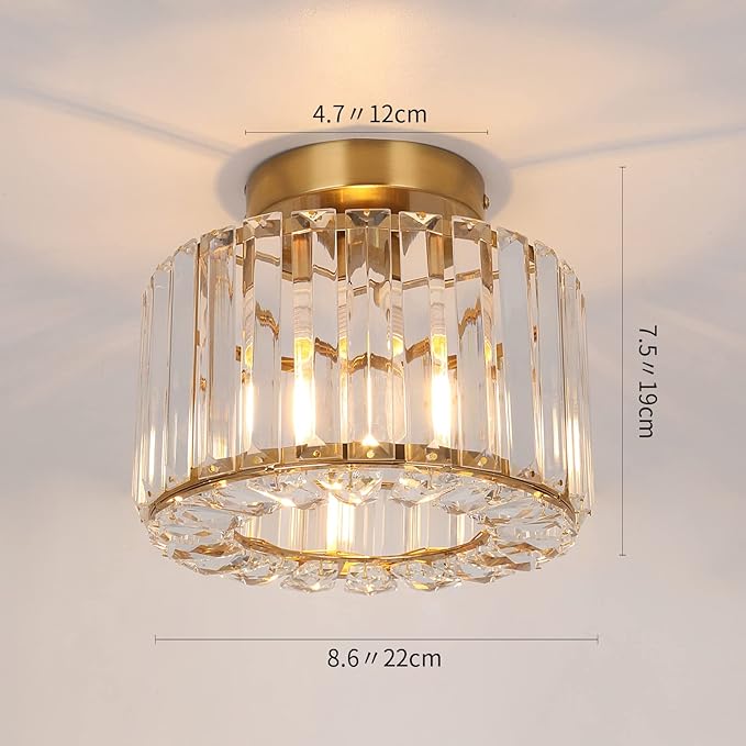 Crystal Modern Semi Flush Mounted Ceiling Light Fixture Brass Chandelier for Hallway, Dining Room, Foyer, Living Room, Bedroom, Entryway
