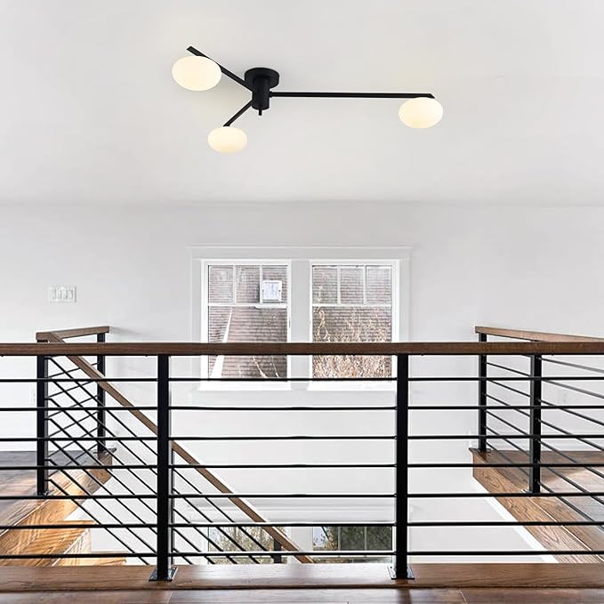 3-Light Modern Sputnik Chandelier with Milk Glass Shade - Black Flush Mount Ceiling Light for Kitchen