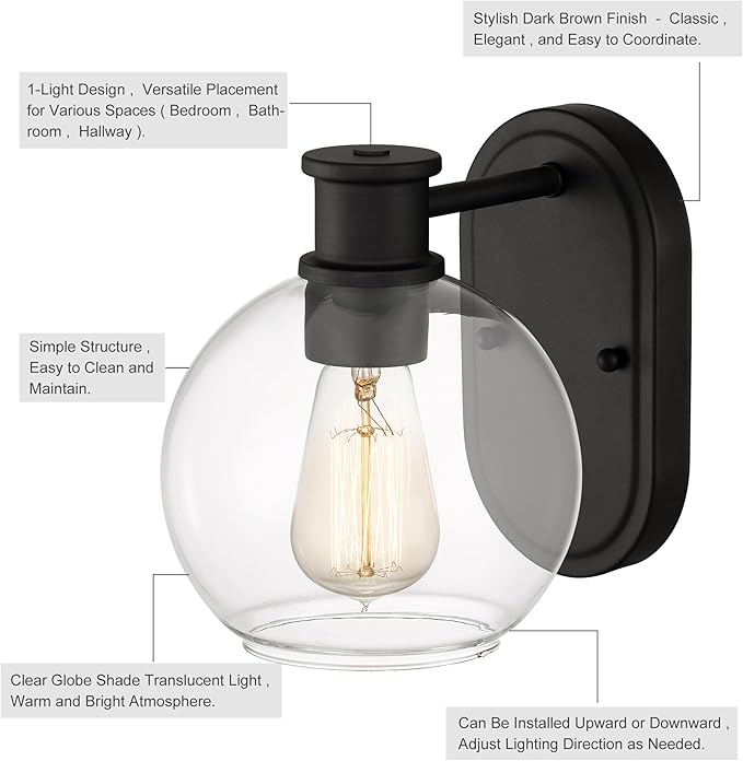 Tawson Dan Modern Farmhouse 1-Light Wall Sconces Light with Clear Glass Globe Shade in Dark Bronze Finish for Hallway, Entryway, Bathroom, Garage, Kitchen, Living Room