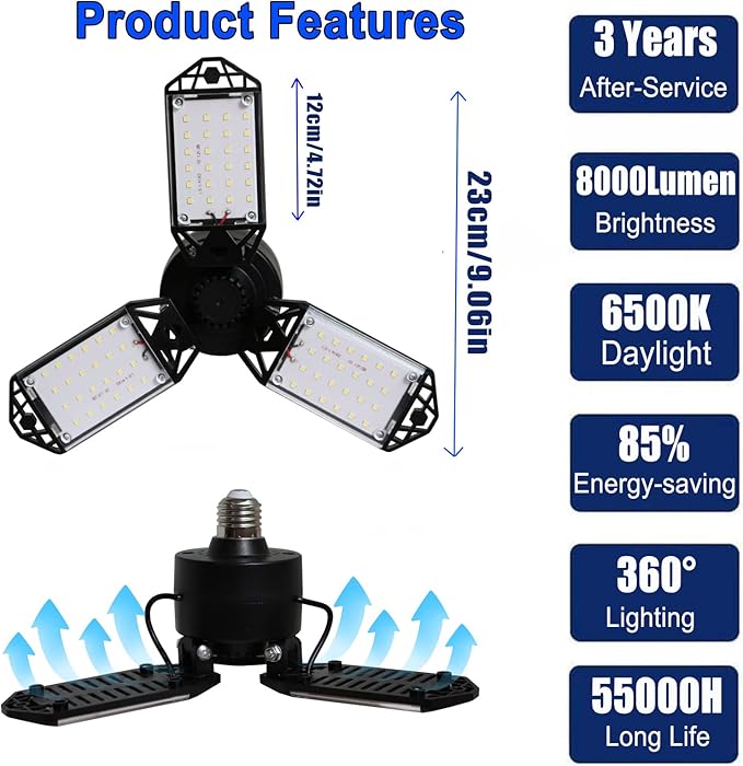 LED Garage Light, 80W 8000 Lumen Ceiling Lights with 3 Adjustable Panels, 6500K Daylight Light Bulb Fixture LED Lights for Garage, Workshop (80W 8Pack)