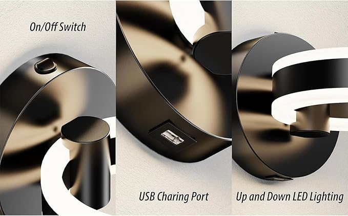 LED Wall Sconces Set of Two with ON/Off Switch, Matte Black Rotatable Hardwired Wall Light Fixtures, Built in USB Charging Port, Modern Wall Decor for Bed Lighting.
