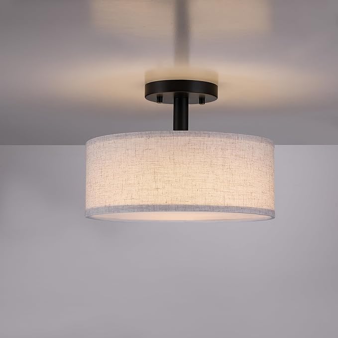 15 Inch Drum Black 3 Light Semi Flush Mount Close to Ceiling Light Fixture,Linen Fabric Shade for Bedroom,Living Room,Dining Room Hallway