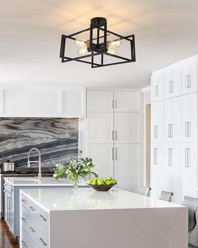 WILON Black Ceiling Light Fixture, Modern Square Semi Flush Chandelier Ceiling Lamp for Kitchen Dining Room Bedroom Laundry Room Living Room (4 Lights)