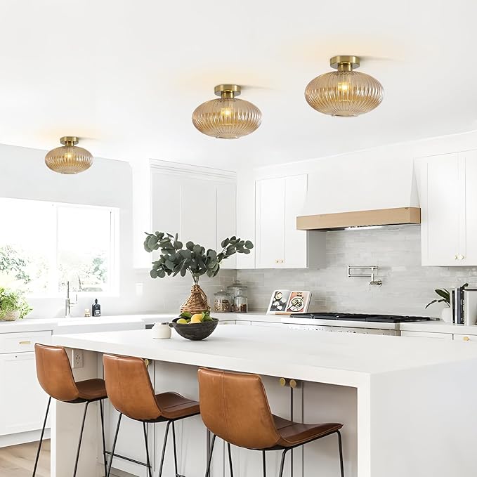 BOKT Brass Gold Semi Flush Mount Ceiling Lighting Amber Modern Schoolhouse Light Fixture Globe Glass Industrial Close to Ceiling Light with Glass Shade for Bathroom Entryway Farmhouse