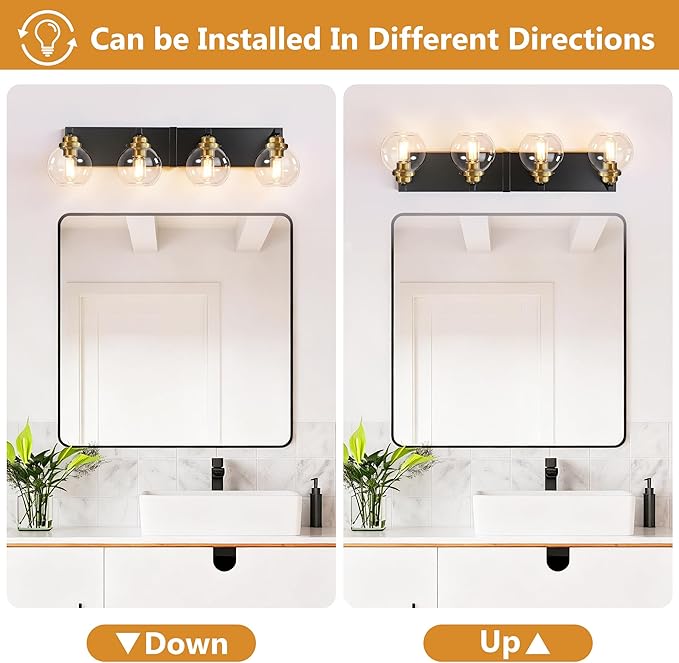 4-Light Bathroom Vanity Light Fixture Over Mirror, Bathroom Light Fixutre Matte Black & Gold Finish with Globle Clear Glass E26 Base Bulbs Not Included for Bathroom, Hallway, Bedroom, Living room