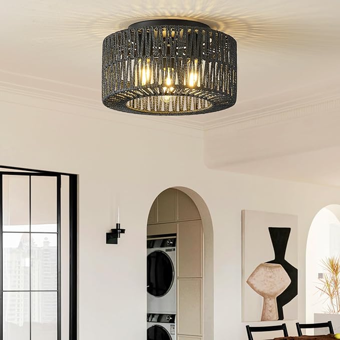12.6”Rattan Flush Mount Ceiling Light Fixtures, 3-Light Boho Light Fixture Rattan Hand-Woven Chandelier Close to Ceiling Light Fixture for Bedroom Hallway Kitchen Dining Room Nursery(Black)