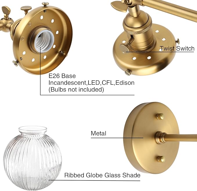 PERMO 2 Lights Sconce with Switch Industrial Gold Wall Sconce Lighting with Ribbed Globe Lampshade Vintage Double Wall Sconce Bathroom Sconce, Hardwired, E26 Base