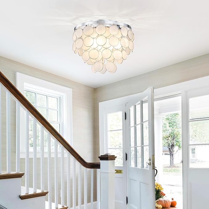 3-Light Capiz Shell Ceiling Light, Coastal Design Flushmount Light Fixture for Dining Room, Living Room, Bedroom, True Shell & Chrome Finish Frame