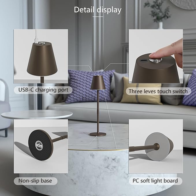 Timjorman 4-Pack Cordless Table Lamps - 5000mAh Rechargeable Battery Operated Desk Lamp, 3-Level Dimmable LED Night Light for Bedroom, Dining, Restaurant - Metal Design(Kahaki-4PACK)