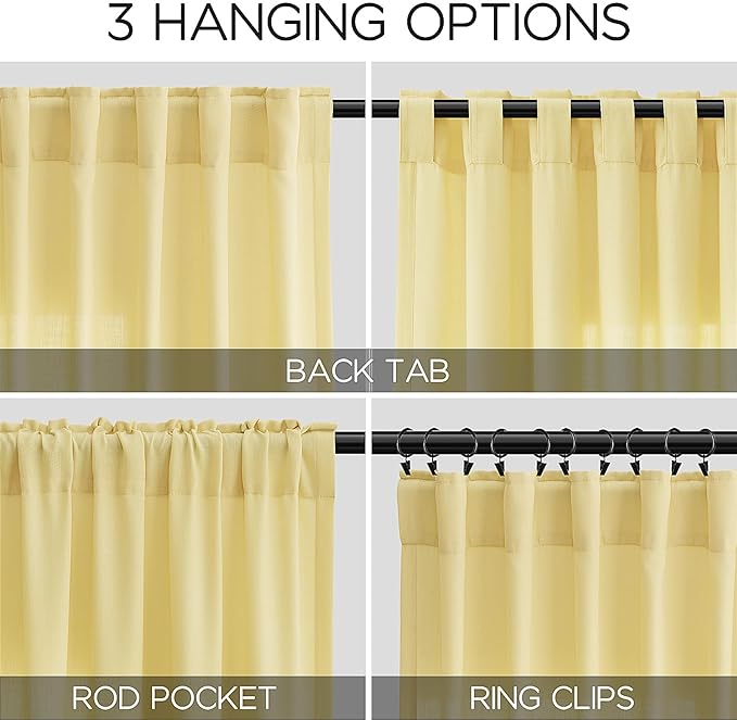 Yellow Linen Semi Sheer Curtains 108 Inches Long 2 Panels Set Back Tab Loop Pocket Linen Blend Boho Decor Large Window Curtain Extra Long Light Filtering Drapes High Ceiling for Living Room 52x108