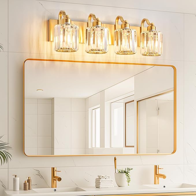Crystal Vanity Lights, Modern 4-Light Bathroom Lights Over Mirror, Bathroom Light Fixtures with Polished Gold Finish for Mirror Bedroom Living Room (Exclude Bulb)