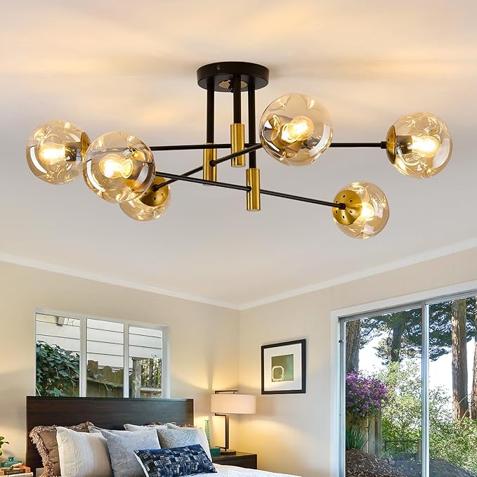 SZXYKEJI 6-Lights Sputnik Ceiling Light Fixture Mid Century Modern Glass Globe Flush Mount Chandelier Black and Gold Farmhouse Lighting for Living Room Dining Room Bedroom Kitchen