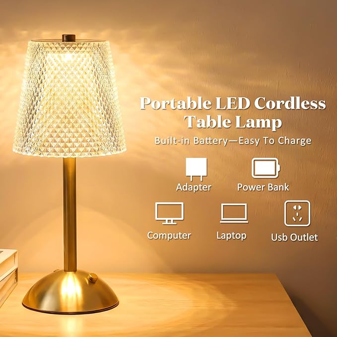 Liliful 2 Pcs Cordless Table Lamp Rechargeable Touch LED Small Gold Portable Battery Operated USB-c Desk Lamp 3 Color Dimmable for Bedroom Living Room Dining (Gold,Crystal Cut Style)