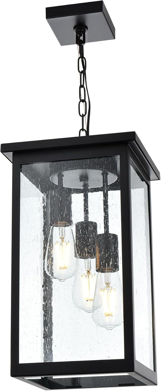 TODOLUZ 3-Lights Large Outdoor Pendant Light, Black Porch Ceiling Lighting Fixtures with Seeded Glass Panel, Exterior Hanging Lantern Adjustable Chain for Yard Entryway Patio