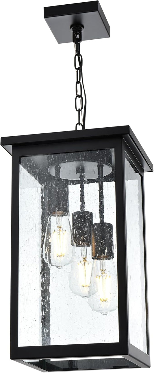 TODOLUZ 3-Lights Large Outdoor Pendant Light, Black Porch Ceiling Lighting Fixtures with Seeded Glass Panel, Exterior Hanging Lantern Adjustable Chain for Yard Entryway Patio