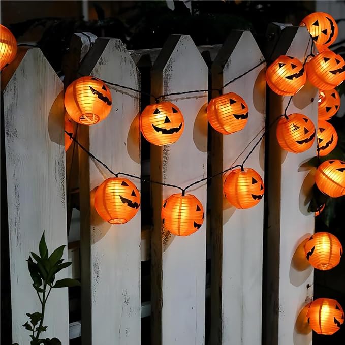8.5FT Halloween Jack-O'-Lantern String Lights with 10 Orange Pumpkin Bulbs, Black Wire Hanging Lights for Outdoor and Indoor Halloween Party Decor