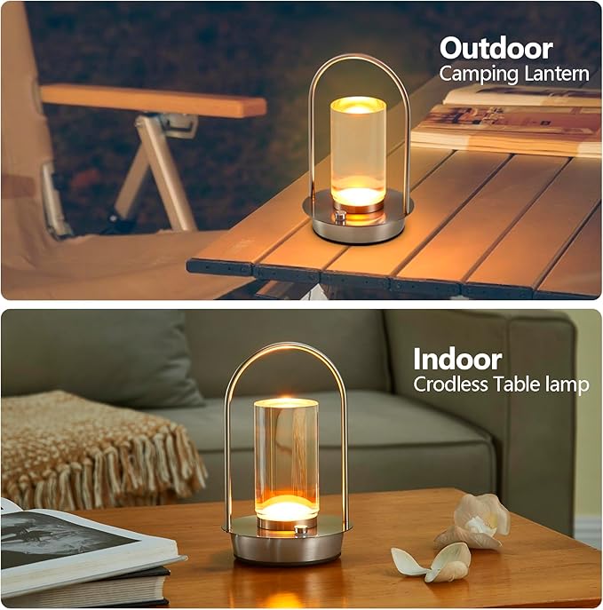 Cordless Table Lamp, 3-Color & Stepless Dimming with Touch Control, Portable Rechargeable for Outdoor Indoor Use, Water-Resistant Desk Light for Bedroom Living Room Patio (Silver)
