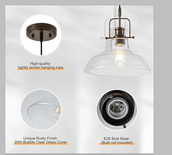 WILON Seeded Glass Pendant Lights,11 Inch Rust-Coloured Pendant Lights Kitchen Island with E26 Base Vintage Hanging Ceiling Lamp for Kitchen Sink Hallway Dining Room Entry Hall
